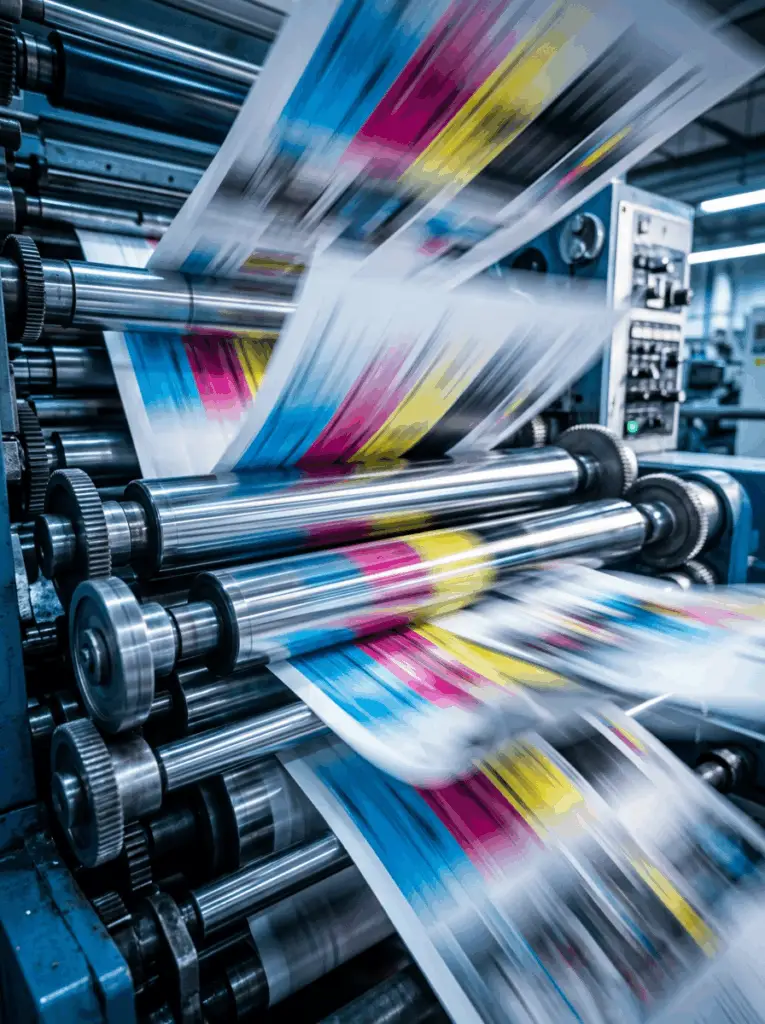High-speed commercial printing press running full-color sheets through metal rollers with motion blur.