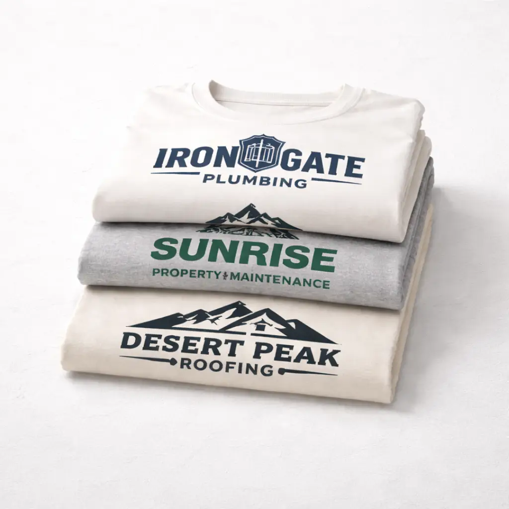 Light-colored custom T-shirts with dark ink screen printed business logos