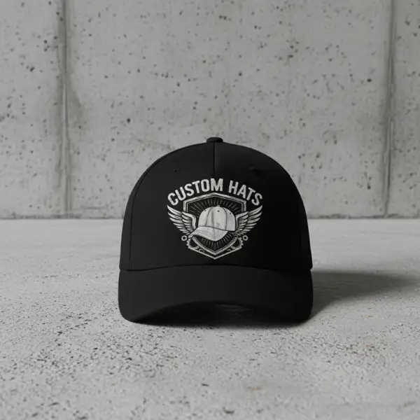 Black structured custom hat featuring a white embroidered industrial wing and shield logo, centered on a grey concrete background for a Phoenix apparel shop.
