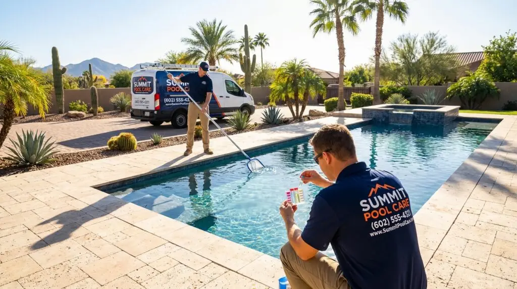 Two pool service technicians cleaning and testing water in a backyard swimming pool with a service van nearby.