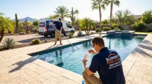 Two pool service technicians cleaning and testing water in a backyard swimming pool with a service van nearby.