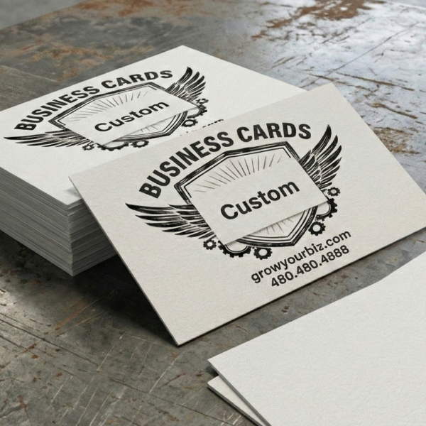 Durable white Coroplast yard sign featuring a custom blue and purple shield logo, mounted on a metal H-stake in a residential lawn in the Phoenix metro area.