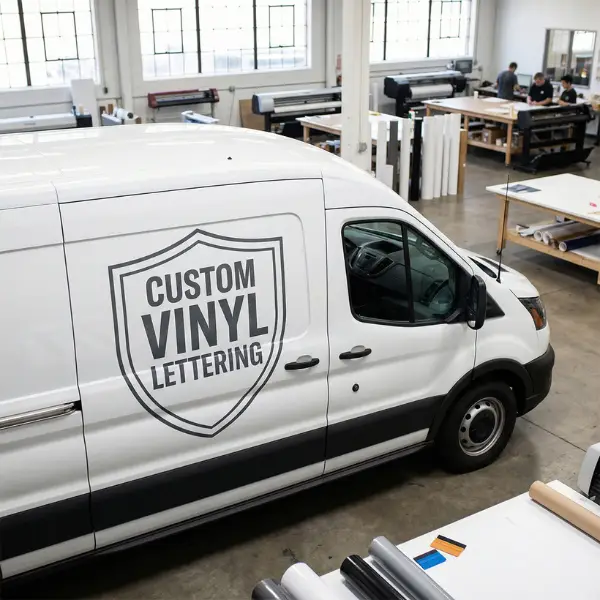 A white commercial service van receiving custom grey vinyl lettering with a shield logo in a professional Phoenix print shop environment.