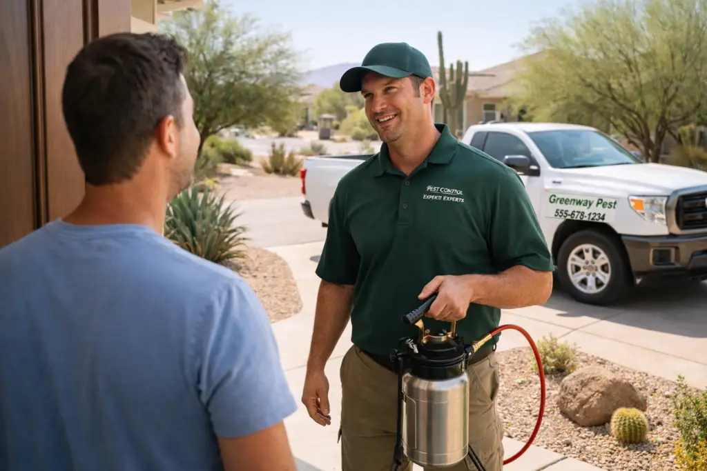 A pest control technician talking with a homeowner at the front door while holding a sprayer, with a service truck parked nearby.