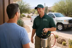 A pest control technician talking with a homeowner at the front door while holding a sprayer, with a service truck parked nearby.