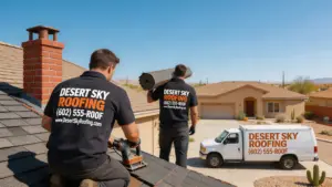 Wide 16:9 professional commercial photography of two roofing technicians working on the roof of a large, suburban residential home in a bright, sunny Phoenix, Arizona climate. One technician in the mid-ground is kneeling, actively using a pneumatic nail gun to install new architectural asphalt shingles near a chimney, while a second technician in the mid-ground is carrying a bundle of shingles. Both are wearing high-quality branded work shirts/polo shirts with a professional logo on the back that reads "DESERT SKY ROOFING" in bold white and copper-orange letters, followed by a phone number "(602) 555-ROOF" and a website "www.DesertSkyRoofing.com" in a clean, perfectly legible sans-serif font. In the background, at ground level, a large work truck is parked on the driveway, wrapped in a full, matching "DESERT SKY ROOFING" design with the identical contact info clearly visible. The focus is sharp, ensuring all text on the uniforms and the truck is crisp and perfectly readable. Bright desert sunlight casts clear shadows. No yard signs or ground-level coroplast signs in the frame.