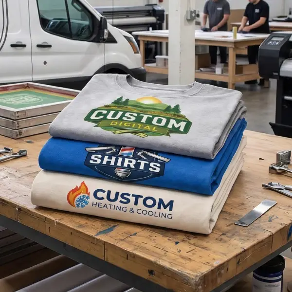 A stack of three folded sweatshirts (grey, blue, cream) on a wooden workbench inside a bustling screen printing shop, with a service van and workers in the background.