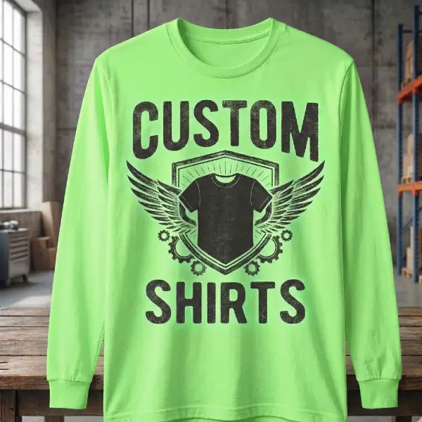 Bright neon green custom long-sleeve t-shirt featuring a distressed black "Custom Shirts" gear and wing graphic, displayed in a Phoenix industrial warehouse setting.