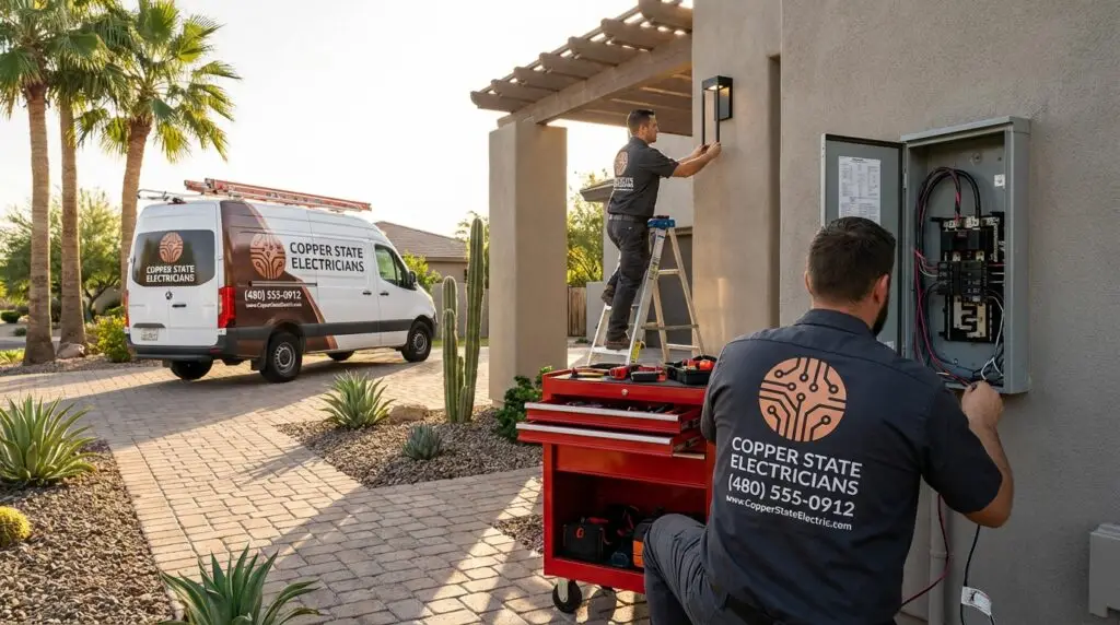 At a residential construction site in a sunny desert neighborhood, a team of builders from “Apex Valley Builders” works on framing a new home. One worker kneels on a concrete slab using a level to align framing, while others install wooden trusses and wall panels using ladders and tools. Lumber, gravel, and construction materials are organized around the site. A branded company van is parked nearby, and neighboring homes with tile roofs and palm trees highlight the southwestern setting and ongoing development.