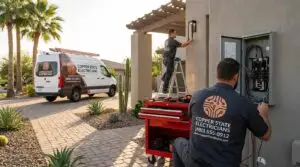 At a residential construction site in a sunny desert neighborhood, a team of builders from “Apex Valley Builders” works on framing a new home. One worker kneels on a concrete slab using a level to align framing, while others install wooden trusses and wall panels using ladders and tools. Lumber, gravel, and construction materials are organized around the site. A branded company van is parked nearby, and neighboring homes with tile roofs and palm trees highlight the southwestern setting and ongoing development.