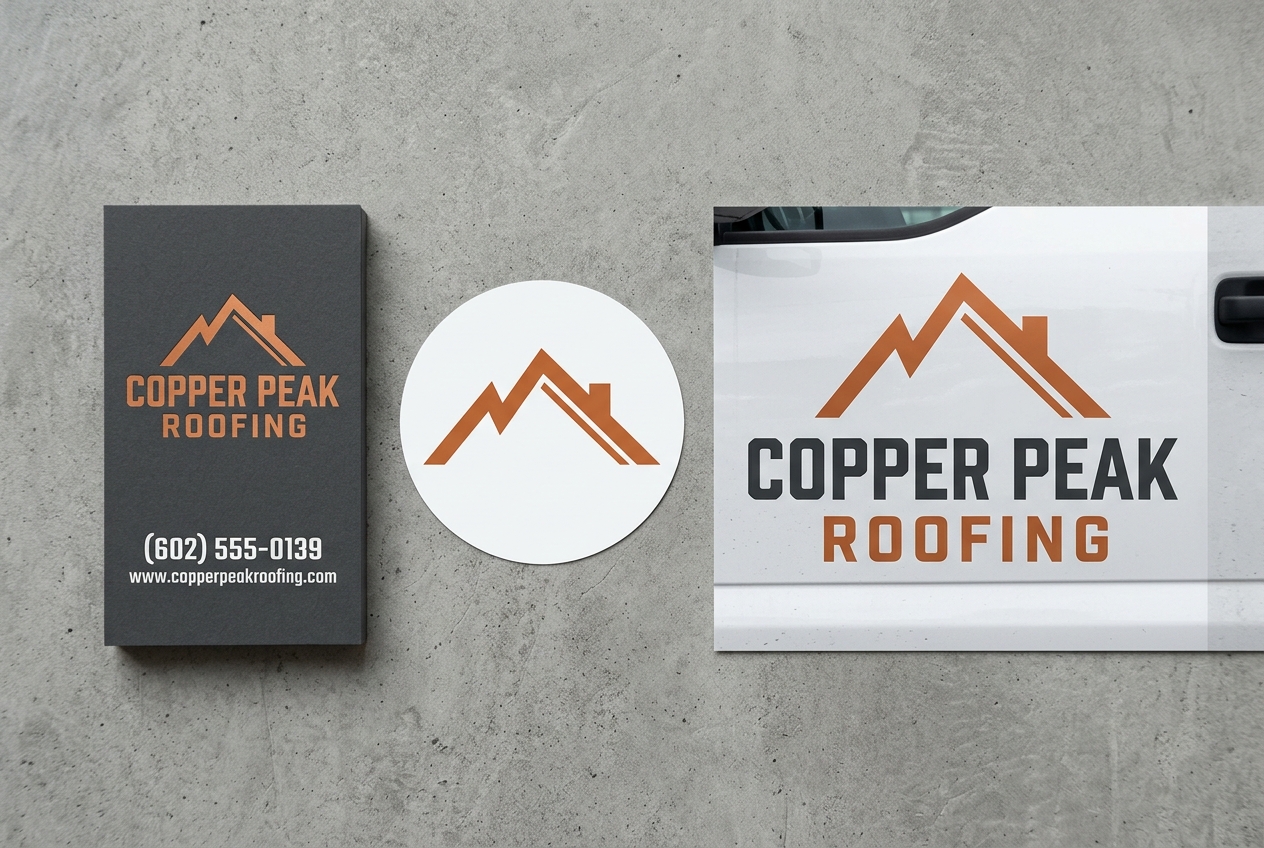 Logo design mockup showing Copper Peak Roofing on business card sticker and vehicle door graphic