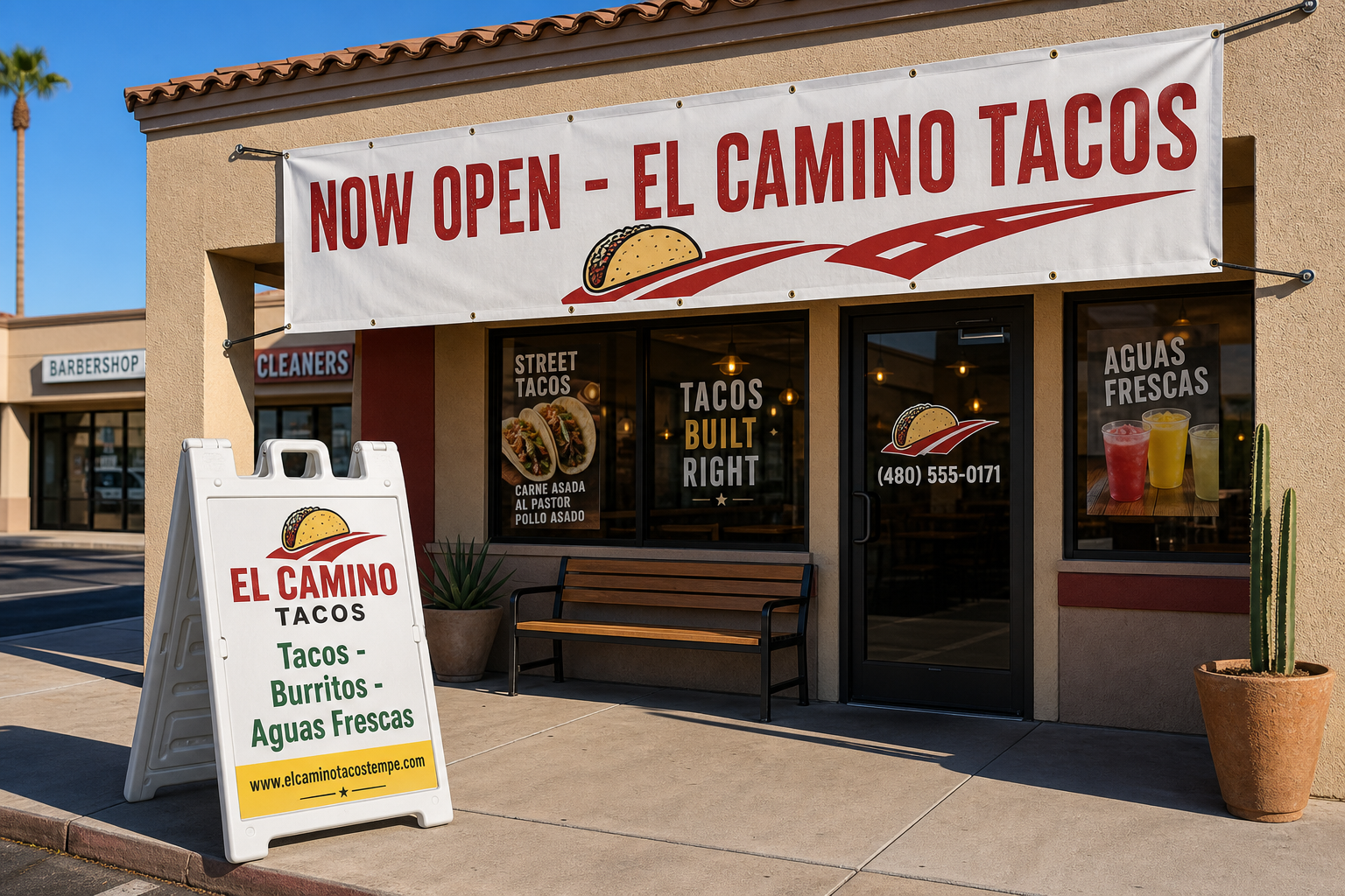 Molded plastic A-frame sign with printed insert outside an El Camino Tacos storefront