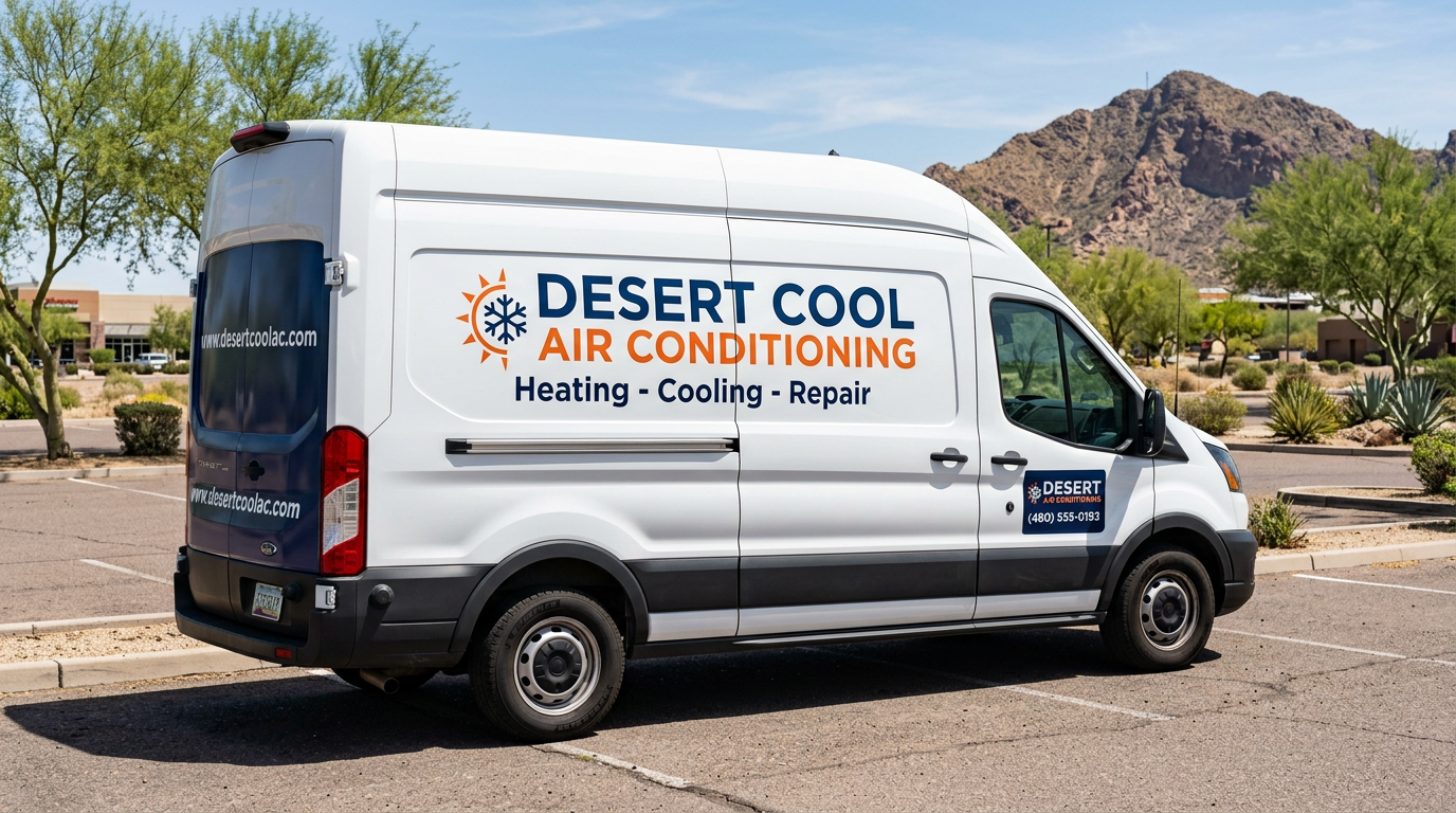 White work van with flat-panel vinyl lettering and door sign for Desert Cool Air Conditioning
