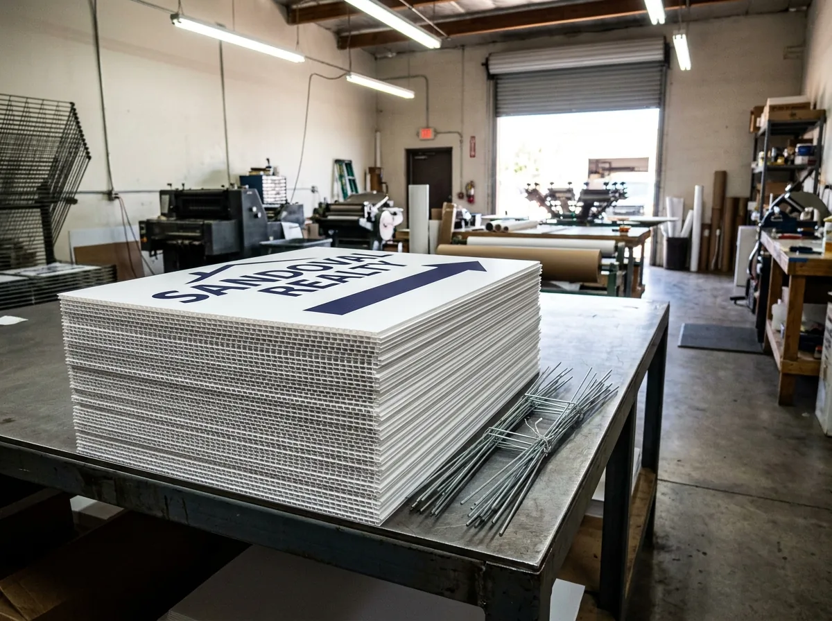 A bulk run of printed Coroplast real estate sign panels stacked at the Eyeconic Prints shop in Phoenix