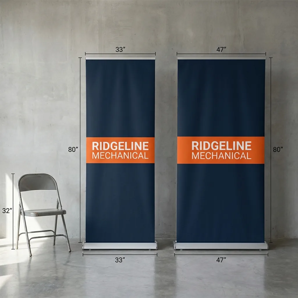 Size comparison diagram of the 33-inch and 47-inch wide retractable banner stands, both 80 inches tall