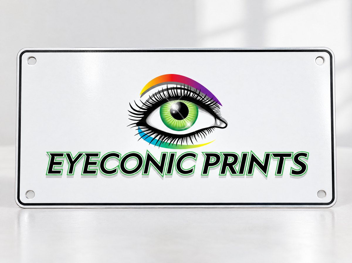 Aluminum license plate printed with the Eyeconic Prints logo