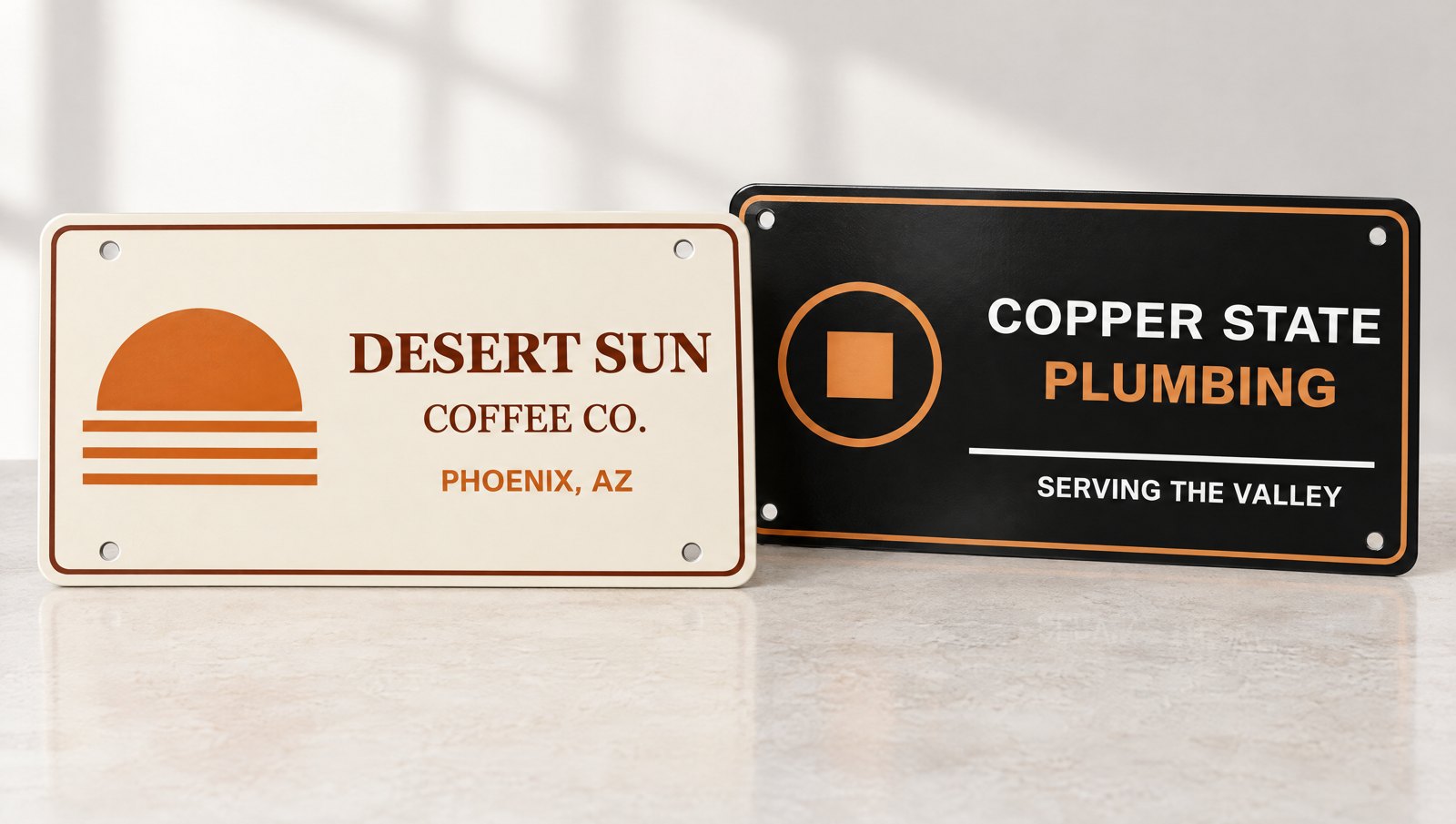 Custom aluminum license plates printed with sample business logos