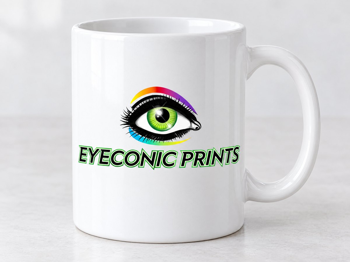 White mug printed with the Eyeconic Prints logo