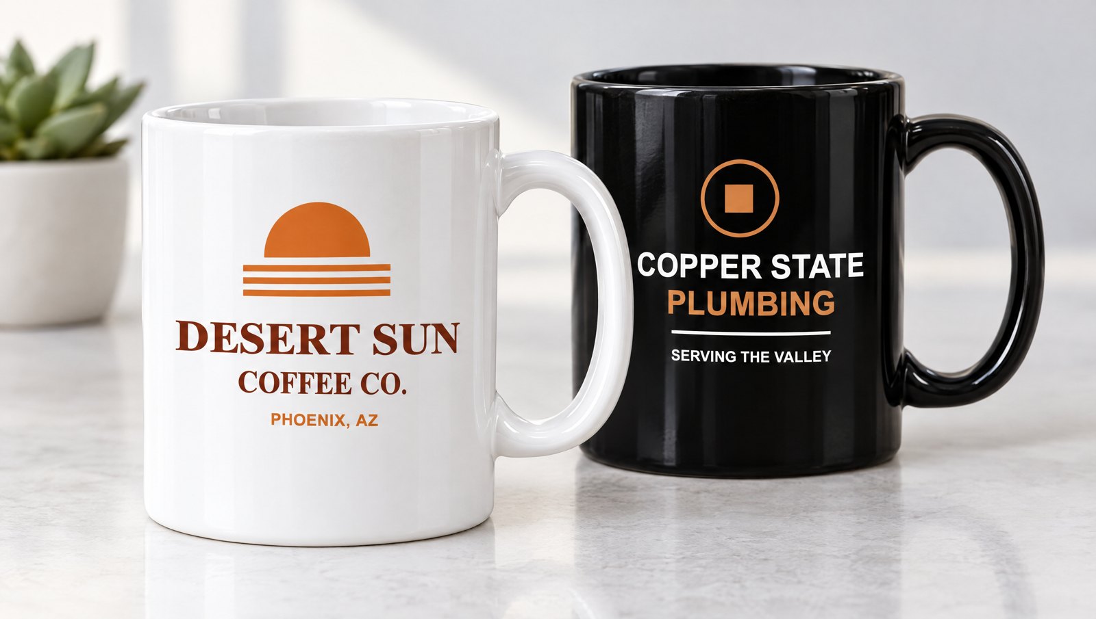 Custom white and black mugs printed with sample business logos